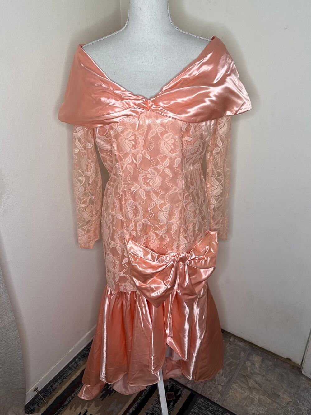 Vintage 1980s Peach Satin & Lace Off-the-Shoulder Prom Formal Gown Oversized Bow